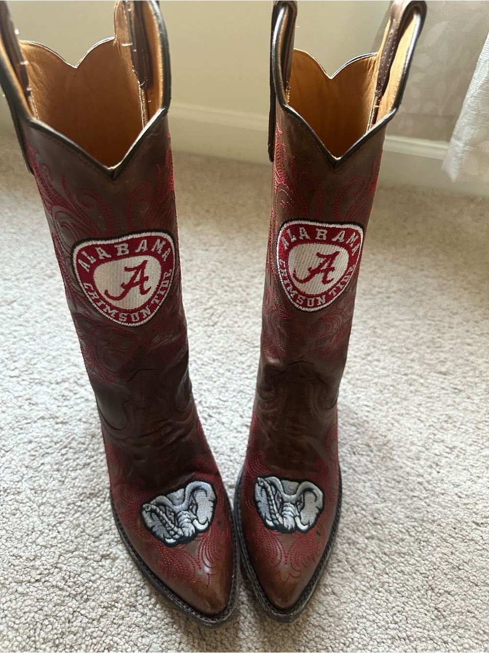 Gameday boots Women's Tall Embroidered Heeled Boots in Maroon and Brown -Alabama